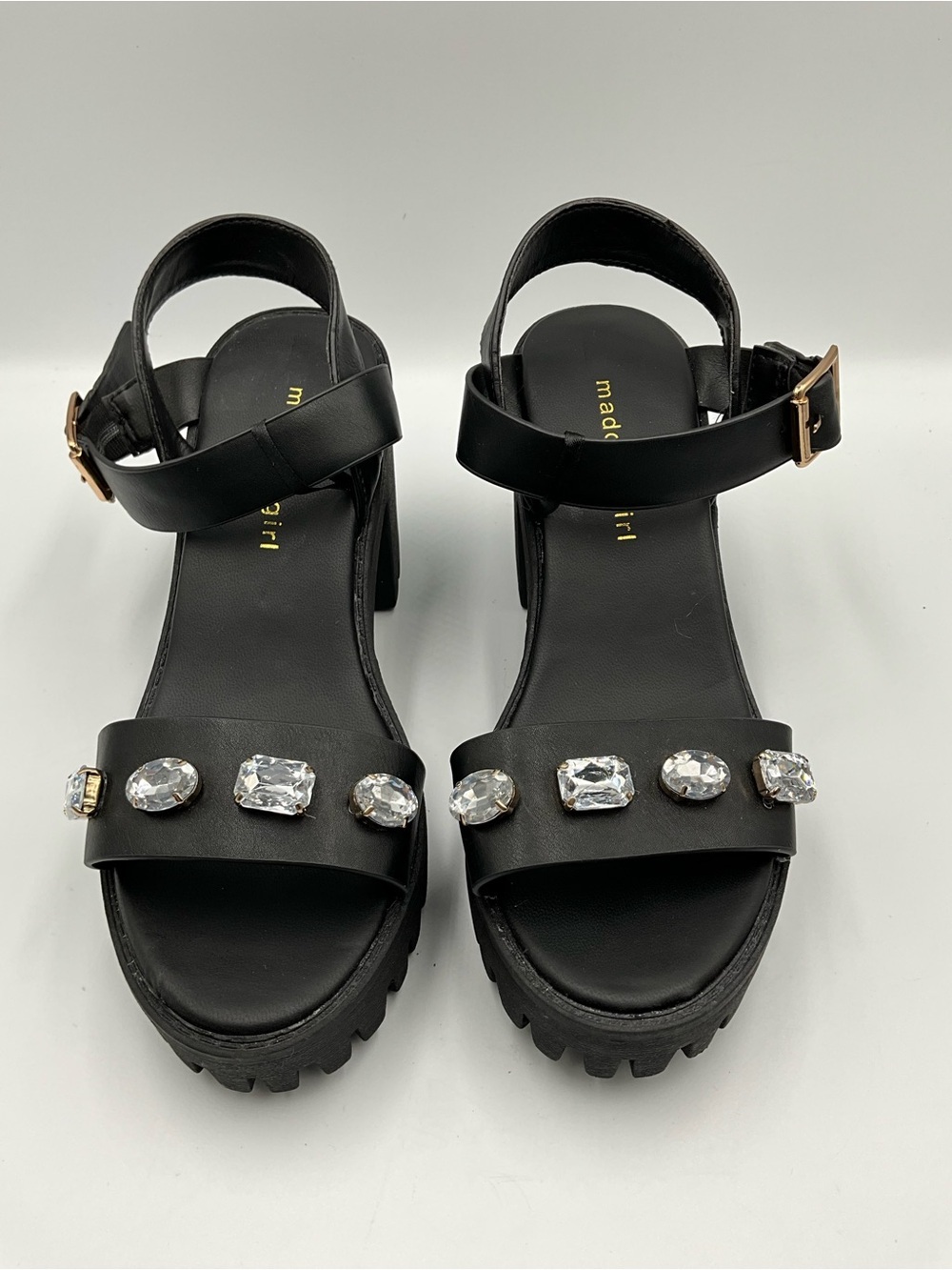 Madden Girl Sandals Size 6.5 Black Gem-Embellished Chunky Platform - Picture 4 of 8